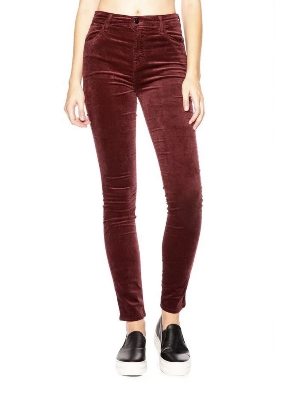 J Brand Maria High Rise Stretch Velvet Skinny Pants in Oxblood